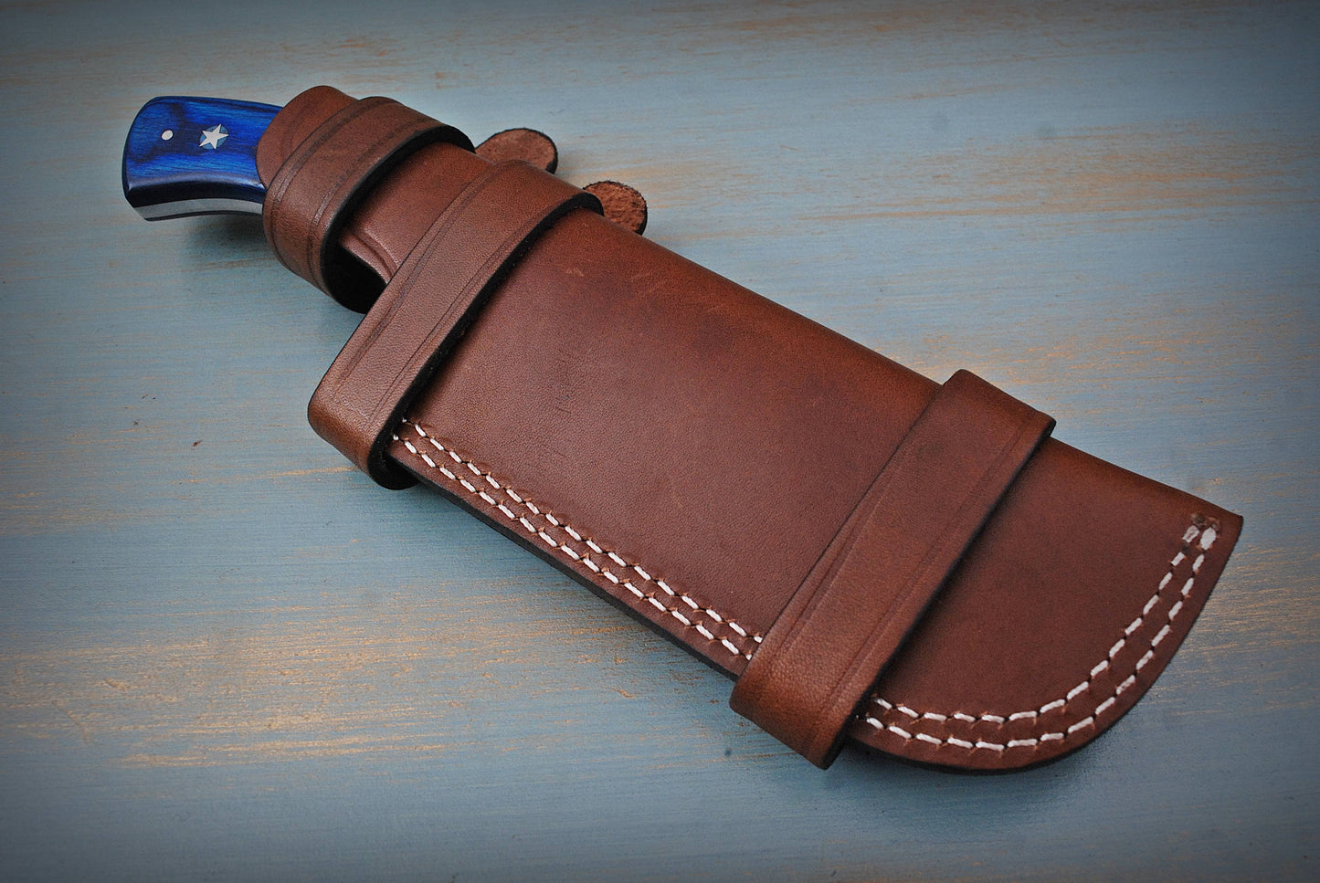 Handmade Damascus Steel Tracker Knife with Sheath – Red & Blue Paaka Wood, Bone Handle, and Texas-America Style Bolster