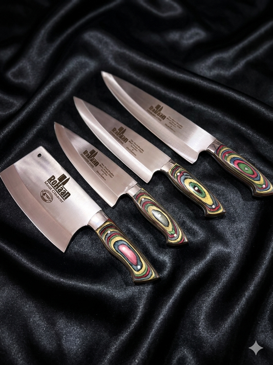 RoHaan 4-Piece Professional Kitchen Knife Set | Chef Knife, Meat Cleaver, Butcher Knife | Stainless Steel with Rainbow Pakka Wood Handle | Handmade in Wazirabad