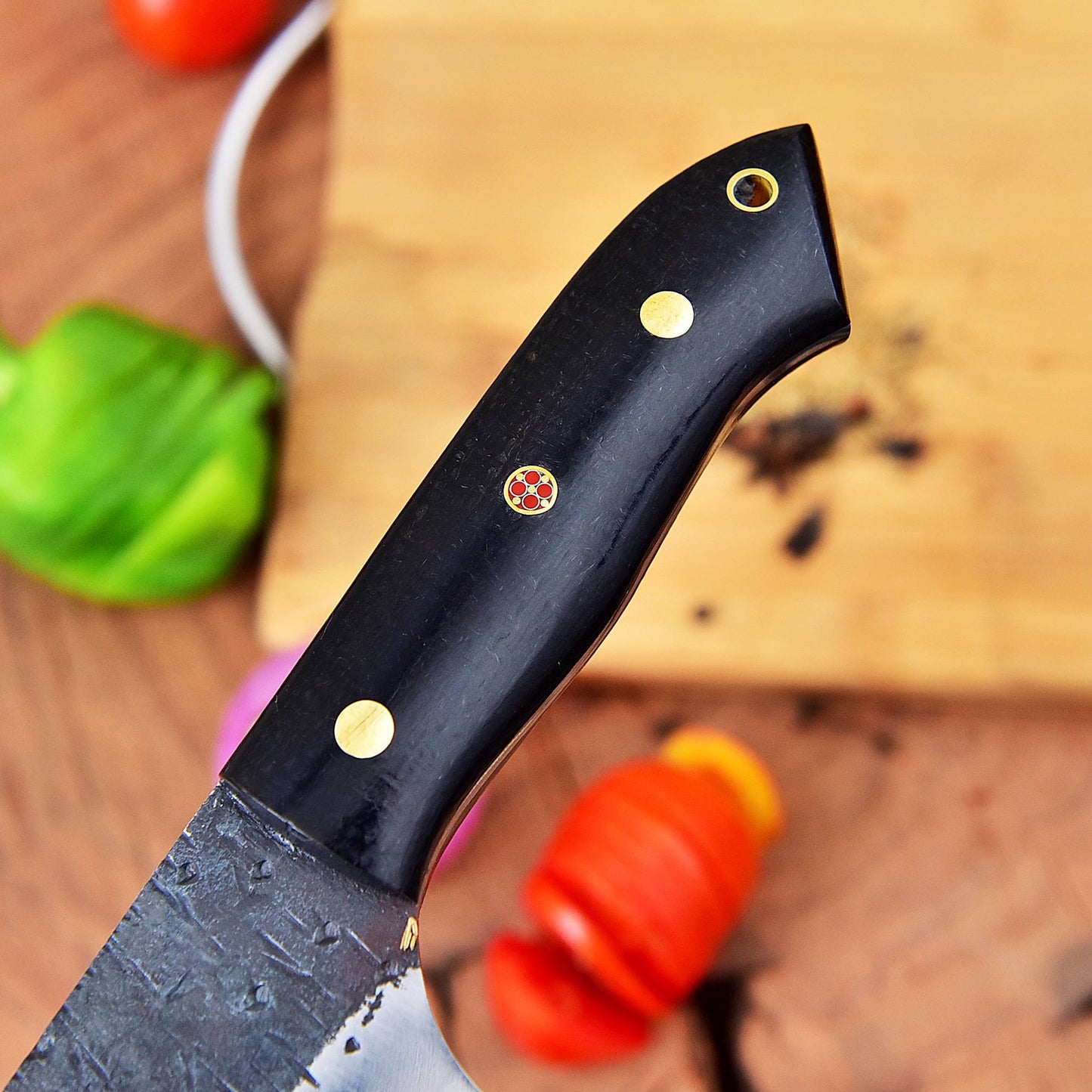 Full Tang Stainless Steel Chef Knife with Abrasive Blade, Black Micarta Handle, Brass Rivets, 12-13” Razor Sharp Blade, HRC 50-55