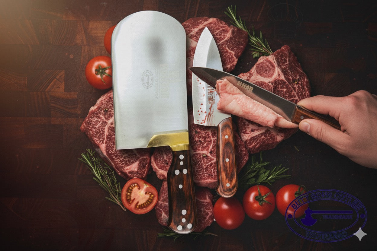 3 Pieces Rohaan Stainless Steel Meat & Butcher Knife Set, BBQ Bone Crusher Cleaver, Heavy Duty Cleaver, Skinner and meat Slicer Knife