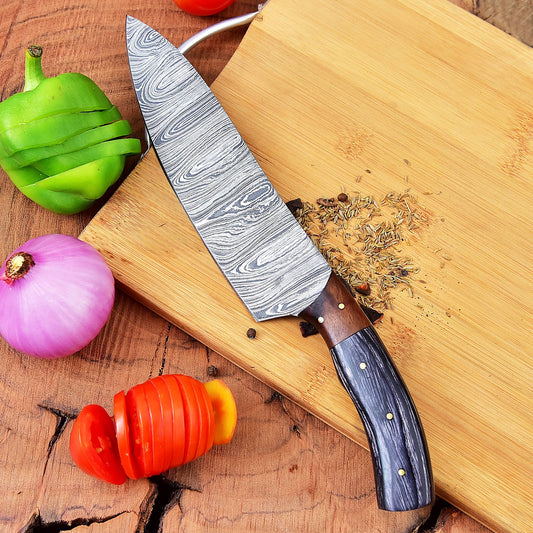 Artisan Twisted Damascus Steel Knife – Razor-Sharp Blade, Rosewood & Pakka Wood Handle, HRC 50-55 – Half Tang Masterpiece