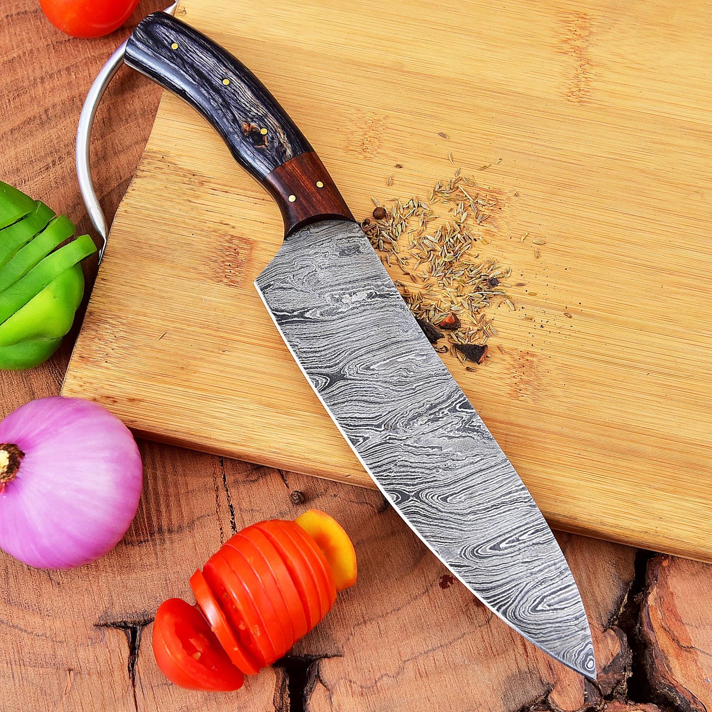 Artisan Twisted Damascus Steel Knife – Razor-Sharp Blade, Rosewood & Pakka Wood Handle, HRC 50-55 – Half Tang Masterpiece