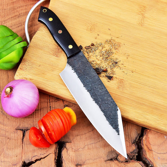 Full Tang Stainless Steel Chef Knife with Abrasive Blade, Black Micarta Handle, Brass Rivets, 12-13” Razor Sharp Blade, HRC 50-55
