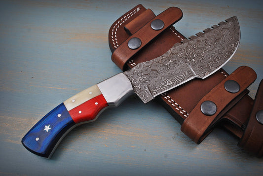 Handmade Damascus Steel Tracker Knife with Sheath – Red & Blue Paaka Wood, Bone Handle, and Texas-America Style Bolster