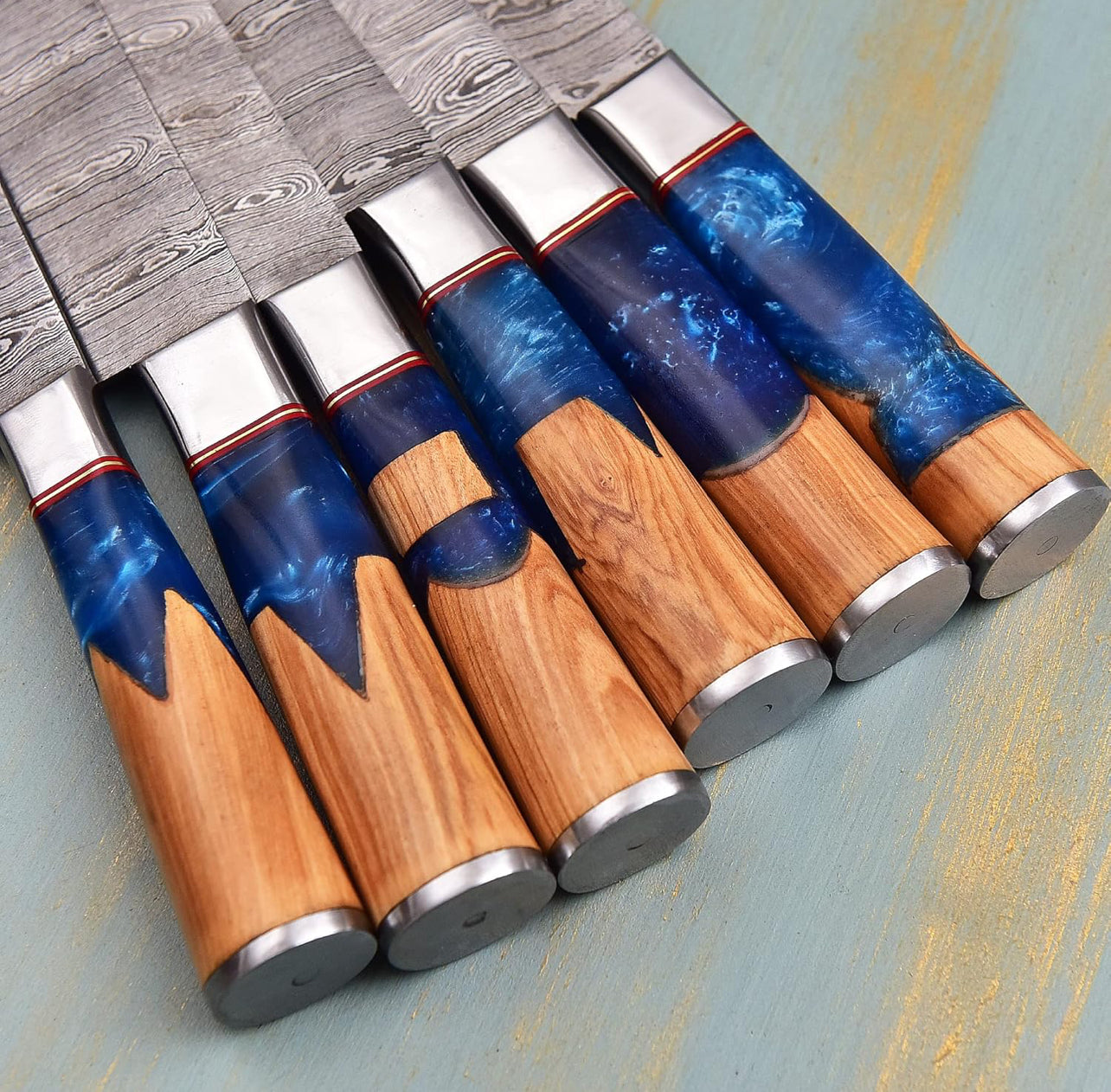 Butt Sons Cutlers 7-Piece Damascus Steel Chef Knife Set with Leather Roll – High HRC 50-55 Blades, Olive & Resin Handles – Professional Chef, Santoku, Bread, Cleaver, Utility, Paring & Meat Knives