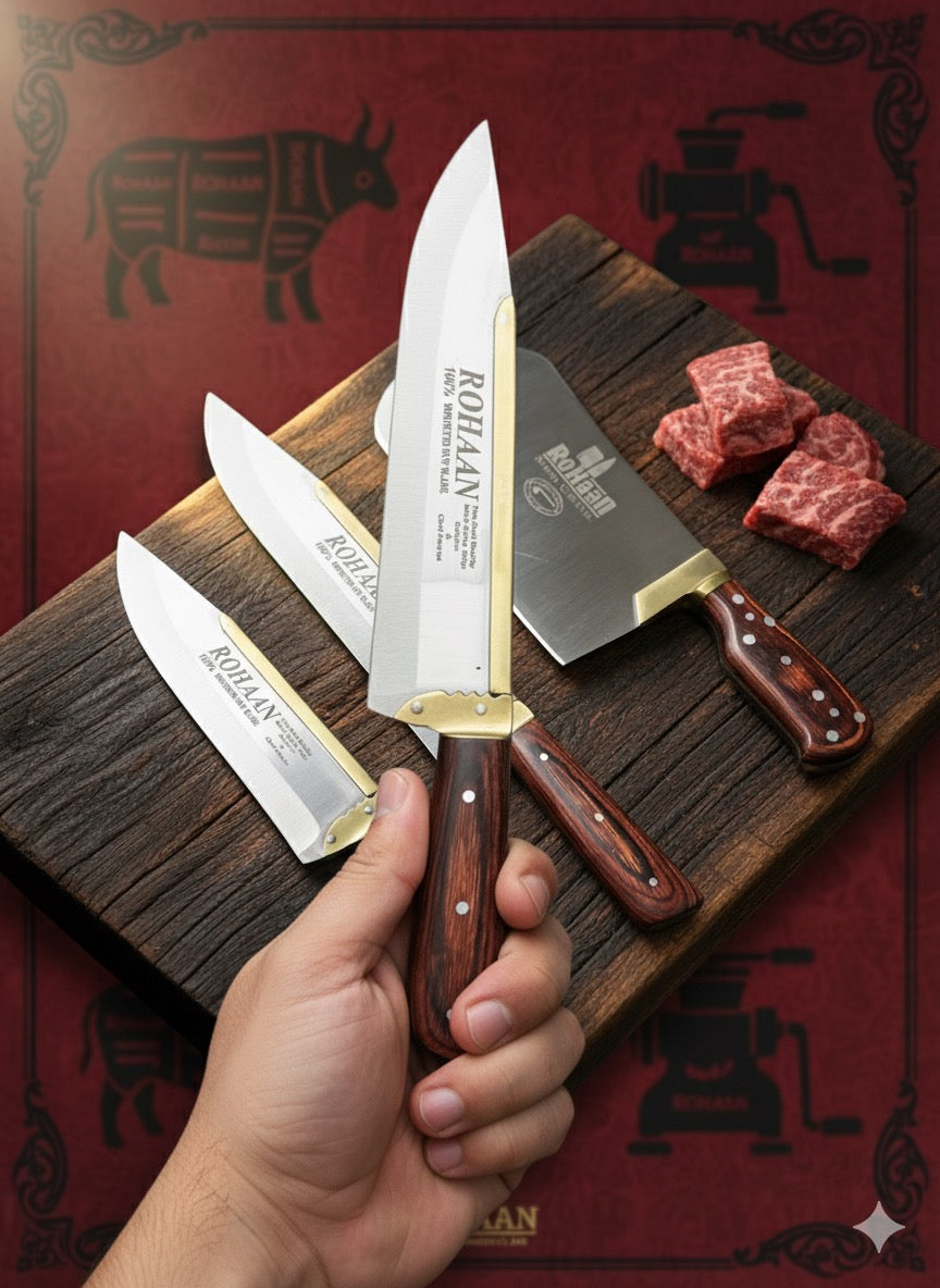 Rohaan 3 Pieces Butcher and Meat Knife Set, Professional Meat Cleaver, Bone Crusher,