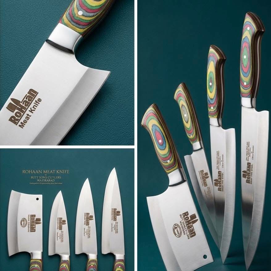 RoHaan 4-Piece Professional Kitchen Knife Set | Chef Knife, Meat Cleaver, Butcher Knife | Stainless Steel with Rainbow Pakka Wood Handle | Handmade in Wazirabad