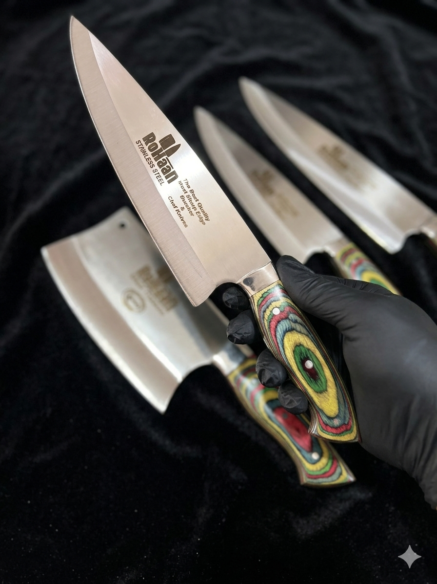 RoHaan 4-Piece Professional Kitchen Knife Set | Chef Knife, Meat Cleaver, Butcher Knife | Stainless Steel with Rainbow Pakka Wood Handle | Handmade in Wazirabad