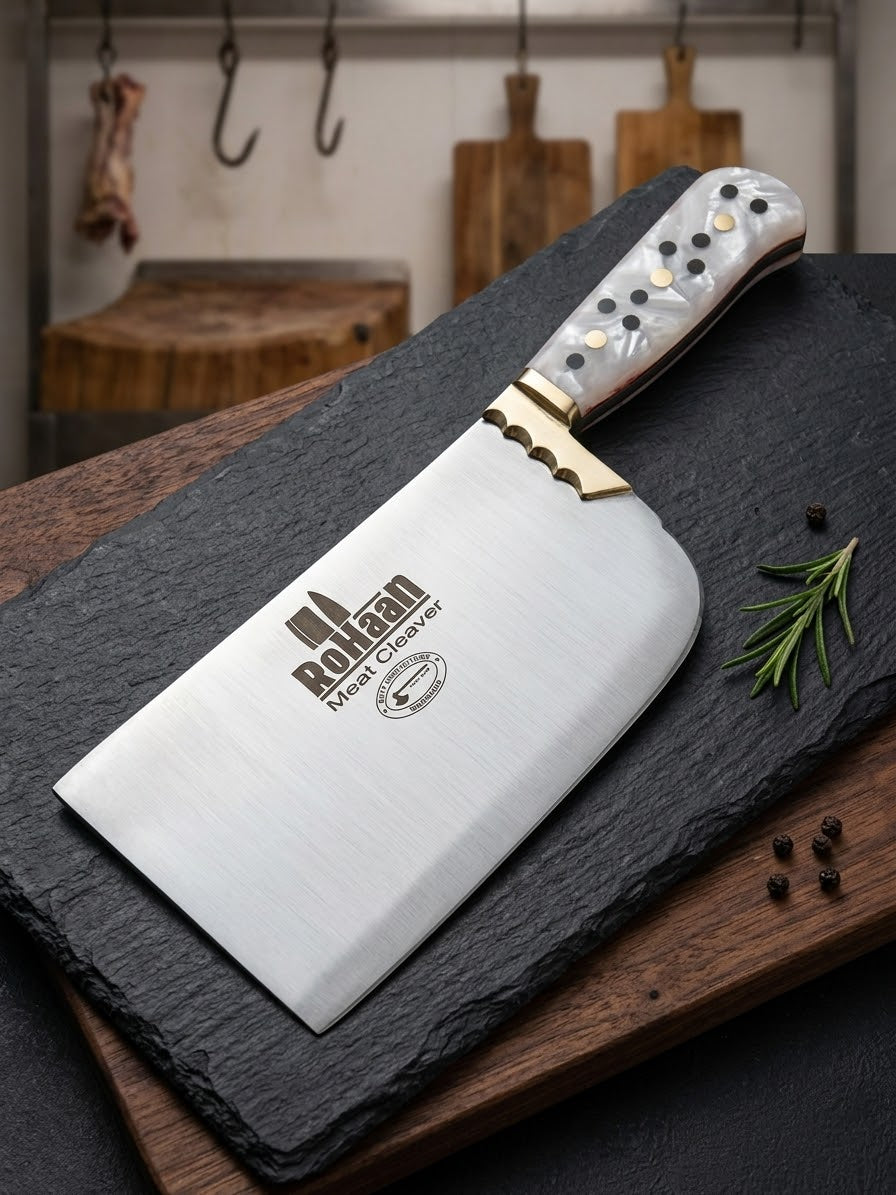Rohaan Professional Heavy-Duty Meat & Bone Cleaver – Hand-Forged Leaf Spring Steel, Brass Accents