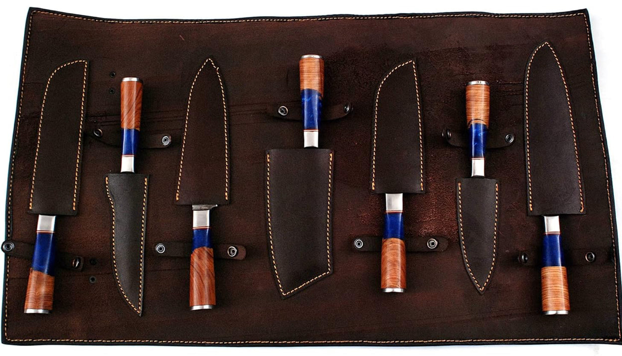 Butt Sons Cutlers 7-Piece Damascus Steel Chef Knife Set with Leather Roll – High HRC 50-55 Blades, Olive & Resin Handles – Professional Chef, Santoku, Bread, Cleaver, Utility, Paring & Meat Knives