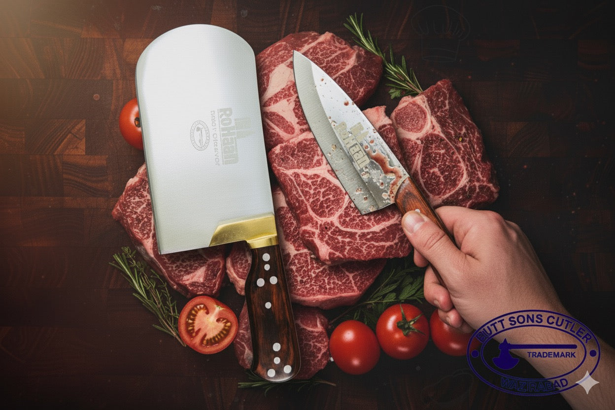3 Pieces Rohaan Stainless Steel Meat & Butcher Knife Set, BBQ Bone Crusher Cleaver, Heavy Duty Cleaver, Skinner and meat Slicer Knife
