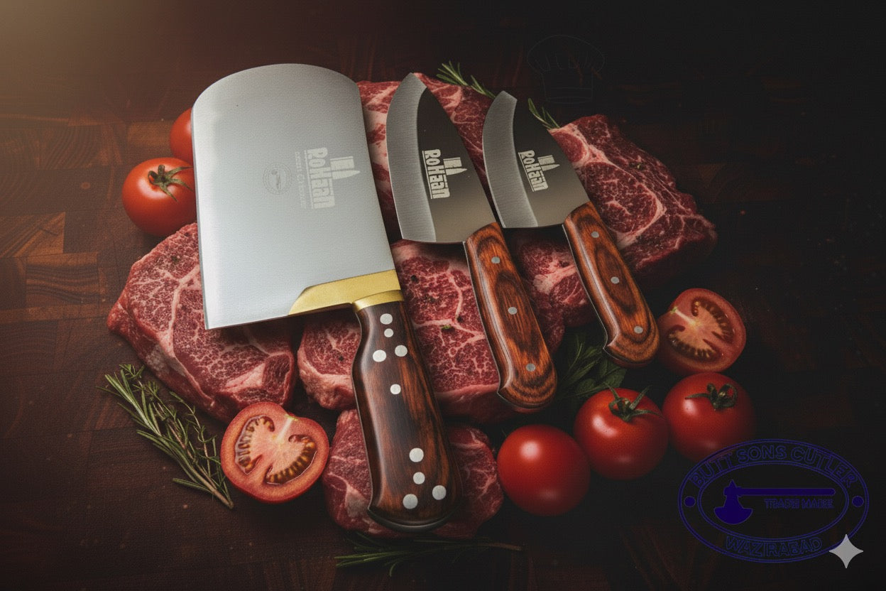 3 Pieces Rohaan Stainless Steel Meat & Butcher Knife Set, BBQ Bone Crusher Cleaver, Heavy Duty Cleaver, Skinner and meat Slicer Knife