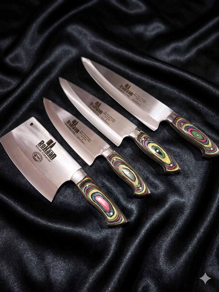 RoHaan 4-Piece Professional Kitchen Knife Set | Chef Knife, Meat Cleaver, Butcher Knife | Stainless Steel with Rainbow Pakka Wood Handle | Handmade in Wazirabad