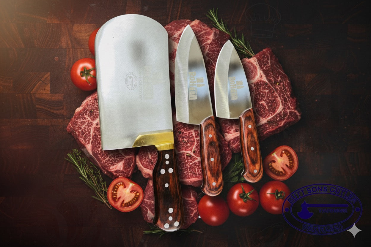 3 Pieces Rohaan Stainless Steel Meat & Butcher Knife Set, BBQ Bone Crusher Cleaver, Heavy Duty Cleaver, Skinner and meat Slicer Knife