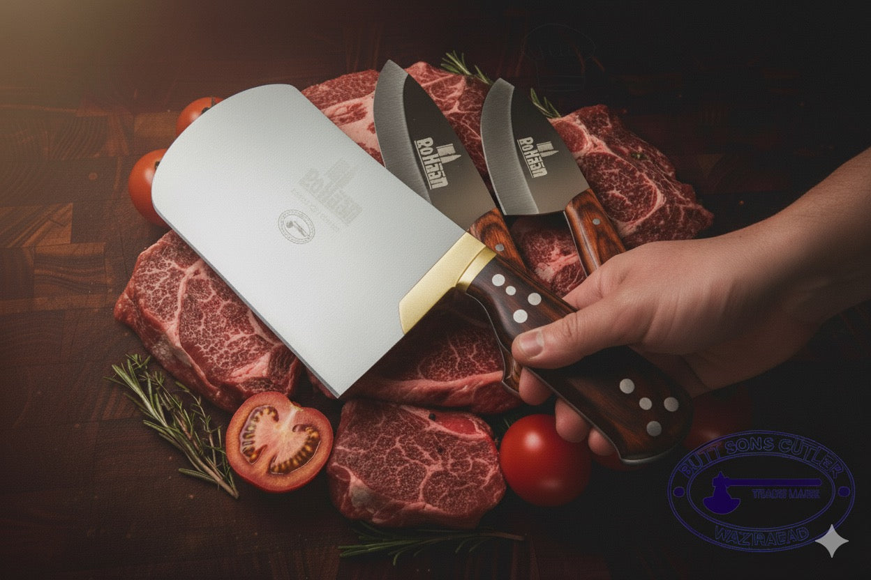 3 Pieces Rohaan Stainless Steel Meat & Butcher Knife Set, BBQ Bone Crusher Cleaver, Heavy Duty Cleaver, Skinner and meat Slicer Knife