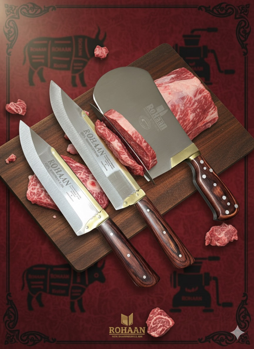 Rohaan 3 Pieces Butcher and Meat Knife Set, Professional Meat Cleaver, Bone Crusher,