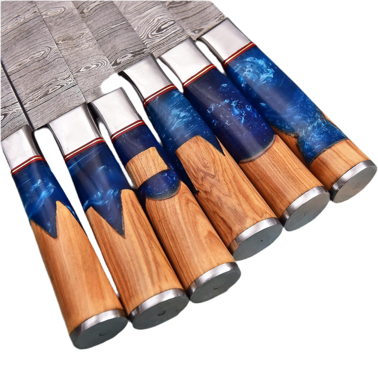 Butt Sons Cutlers 7-Piece Damascus Steel Chef Knife Set with Leather Roll – High HRC 50-55 Blades, Olive & Resin Handles – Professional Chef, Santoku, Bread, Cleaver, Utility, Paring & Meat Knives