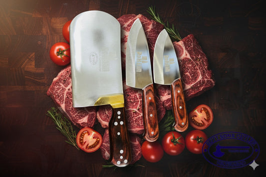 3 Pieces Rohaan Stainless Steel Meat & Butcher Knife Set, BBQ Bone Crusher Cleaver, Heavy Duty Cleaver, Skinner and meat Slicer Knife