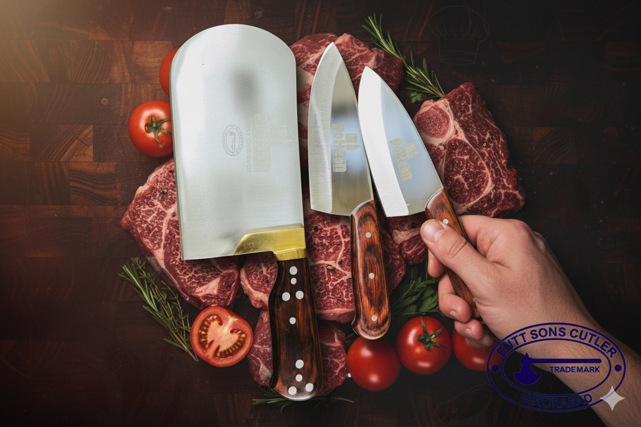 3 Pieces Rohaan Stainless Steel Meat & Butcher Knife Set, BBQ Bone Crusher Cleaver, Heavy Duty Cleaver, Skinner and meat Slicer Knife