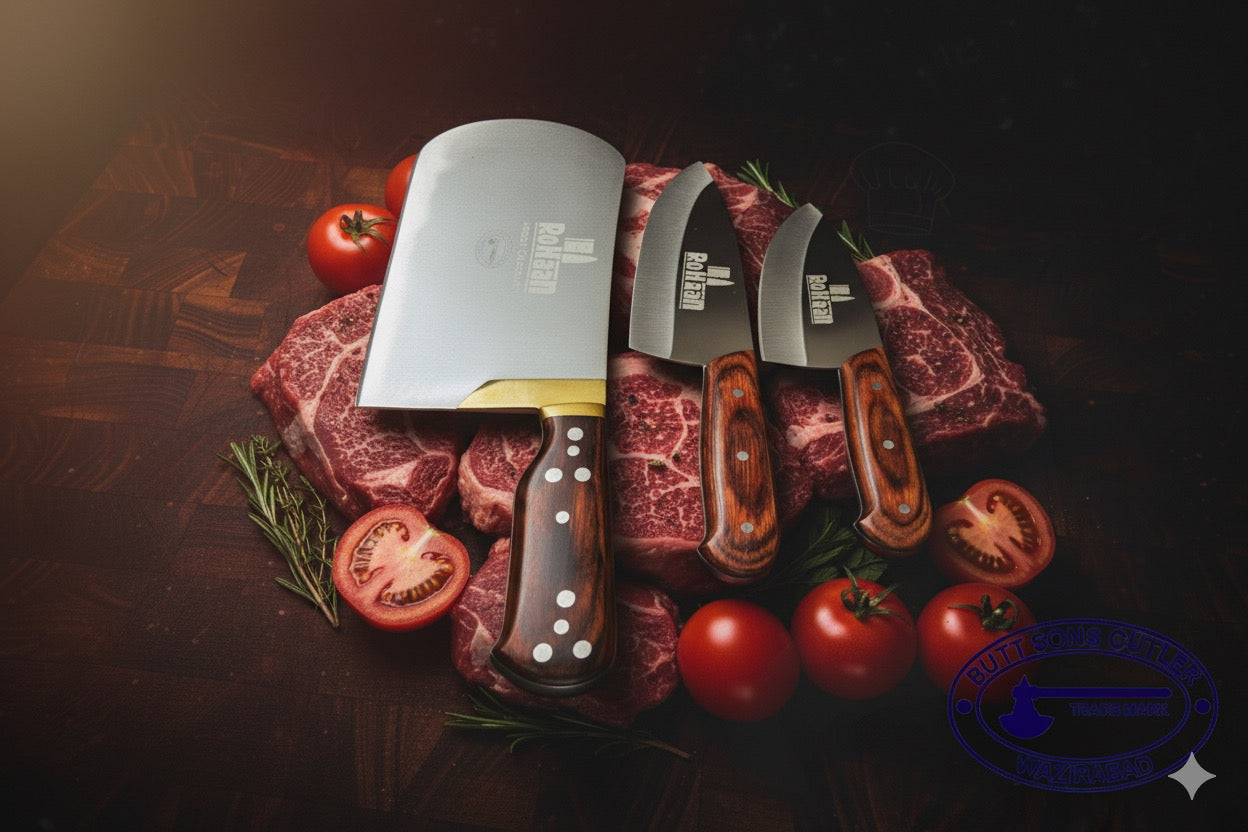 3 Pieces Rohaan Stainless Steel Meat & Butcher Knife Set, BBQ Bone Crusher Cleaver, Heavy Duty Cleaver, Skinner and meat Slicer Knife