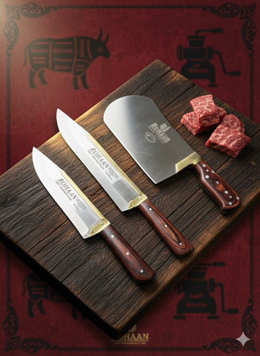 Rohaan 3 Pieces Butcher and Meat Knife Set, Professional Meat Cleaver, Bone Crusher,