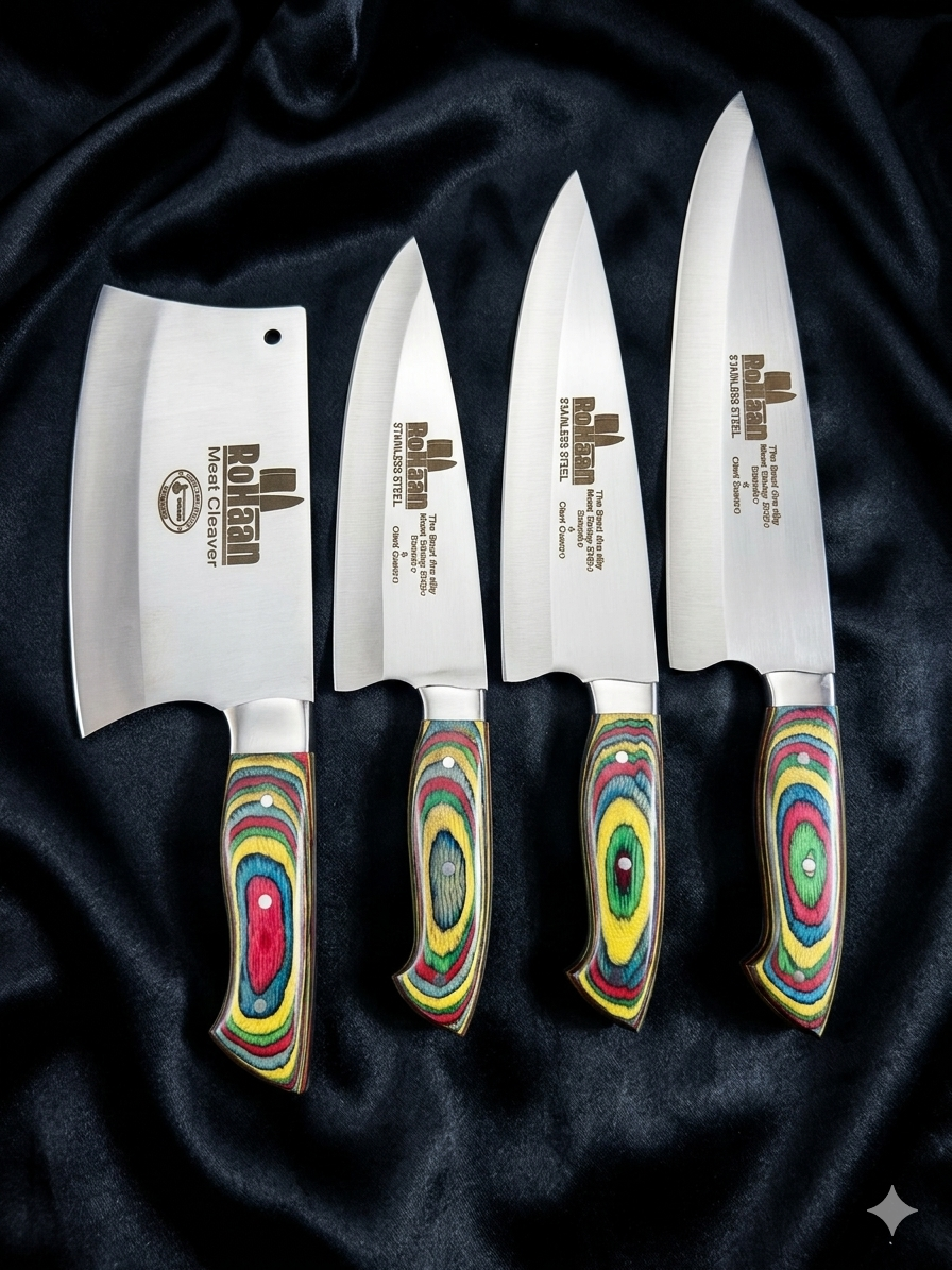 RoHaan 4-Piece Professional Kitchen Knife Set | Chef Knife, Meat Cleaver, Butcher Knife | Stainless Steel with Rainbow Pakka Wood Handle | Handmade in Wazirabad