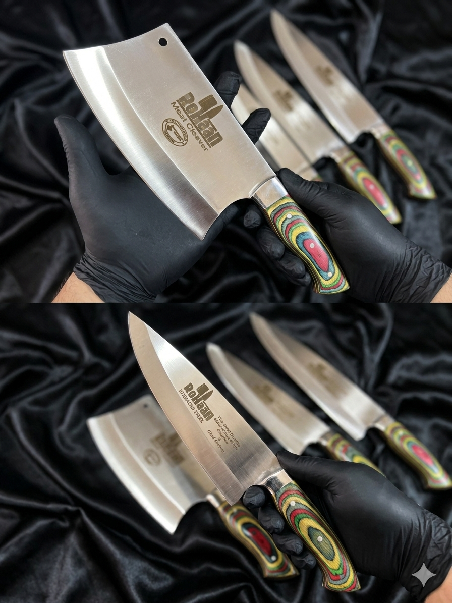 RoHaan 4-Piece Professional Kitchen Knife Set | Chef Knife, Meat Cleaver, Butcher Knife | Stainless Steel with Rainbow Pakka Wood Handle | Handmade in Wazirabad