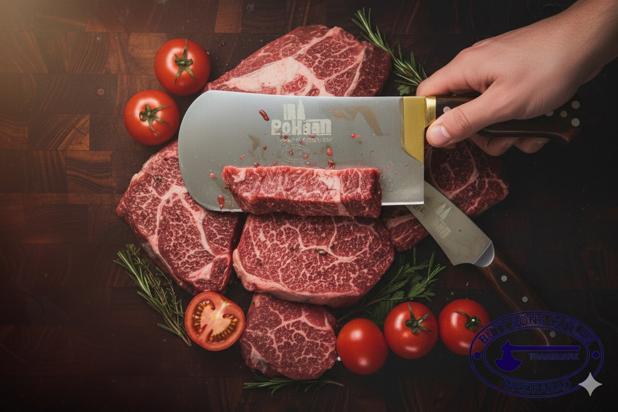 3 Pieces Rohaan Stainless Steel Meat & Butcher Knife Set, BBQ Bone Crusher Cleaver, Heavy Duty Cleaver, Skinner and meat Slicer Knife