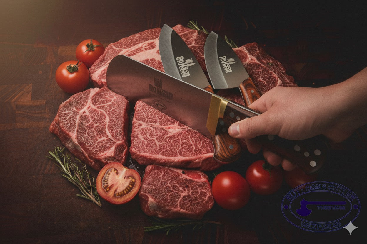 3 Pieces Rohaan Stainless Steel Meat & Butcher Knife Set, BBQ Bone Crusher Cleaver, Heavy Duty Cleaver, Skinner and meat Slicer Knife