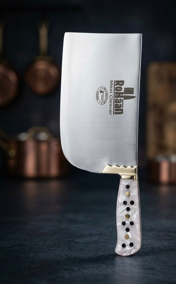 Rohaan Professional Heavy-Duty Meat & Bone Cleaver – Hand-Forged Leaf Spring Steel, Brass Accents