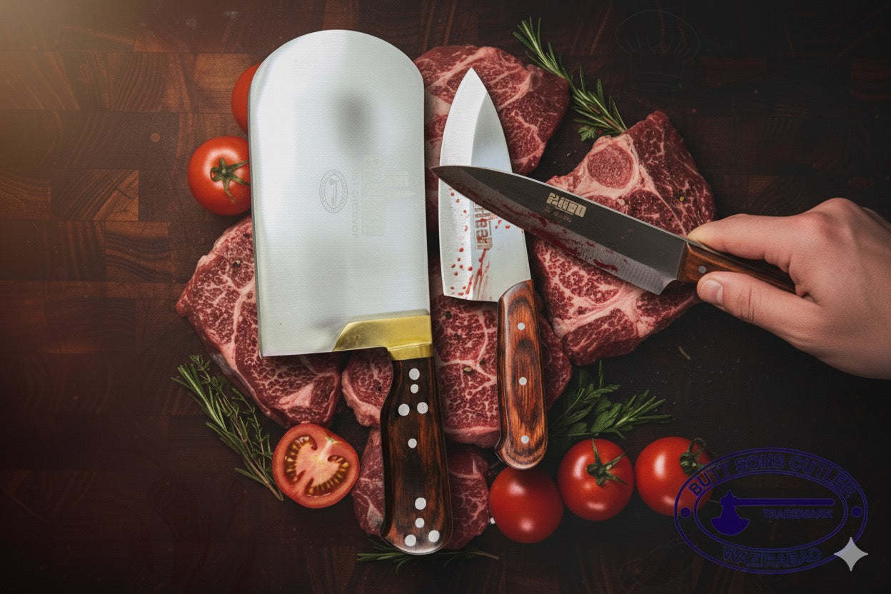 3 Pieces Rohaan Stainless Steel Meat & Butcher Knife Set, BBQ Bone Crusher Cleaver, Heavy Duty Cleaver, Skinner and meat Slicer Knife
