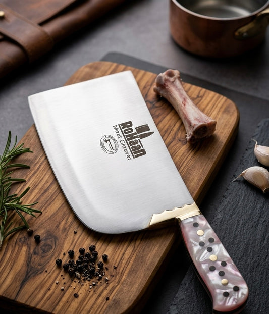 Rohaan Professional Heavy-Duty Meat & Bone Cleaver – Hand-Forged Leaf Spring Steel, Brass Accents