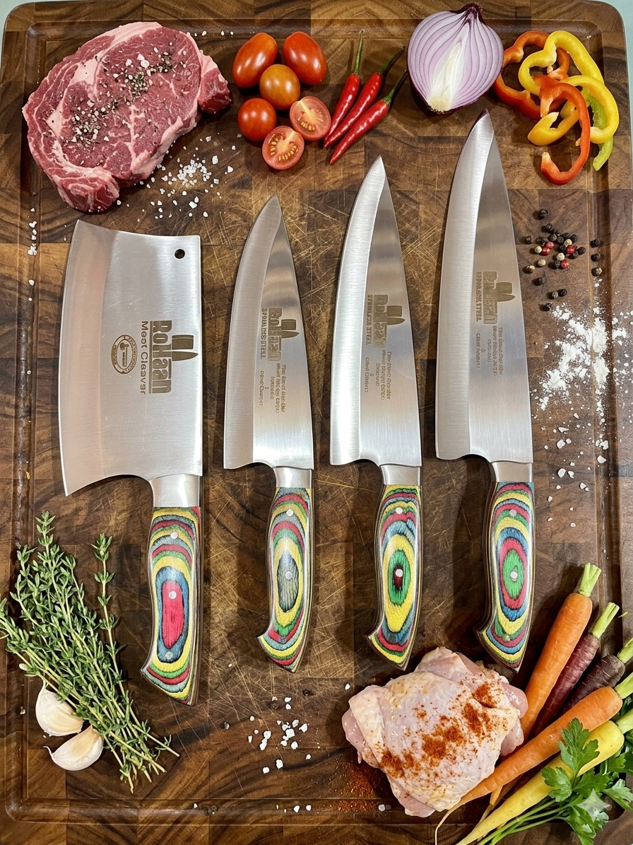 RoHaan 4-Piece Professional Kitchen Knife Set | Chef Knife, Meat Cleaver, Butcher Knife | Stainless Steel with Rainbow Pakka Wood Handle | Handmade in Wazirabad