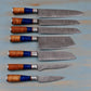 Butt Sons Cutlers 7-Piece Damascus Steel Chef Knife Set with Leather Roll – High HRC 50-55 Blades, Olive & Resin Handles – Professional Chef, Santoku, Bread, Cleaver, Utility, Paring & Meat Knives