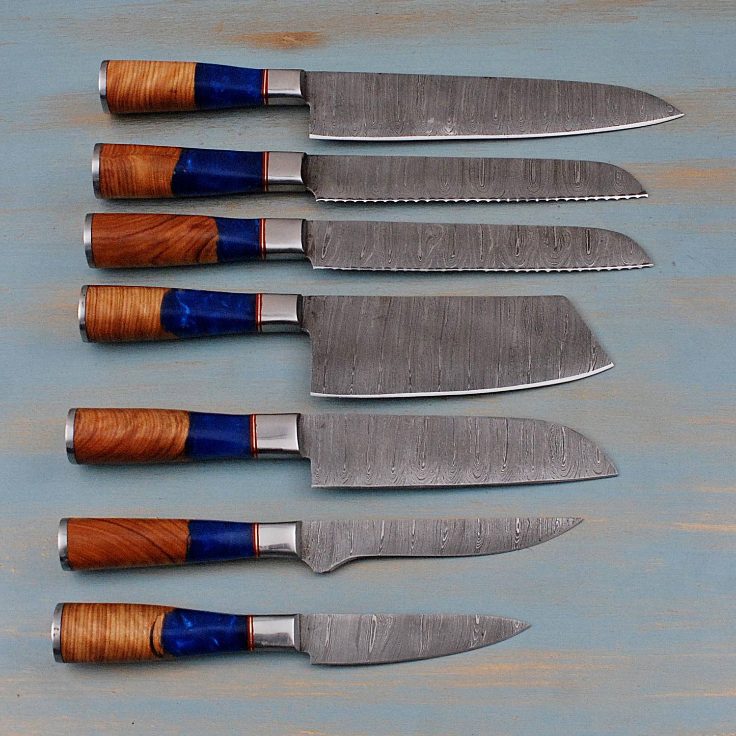 Butt Sons Cutlers 7-Piece Damascus Steel Chef Knife Set with Leather Roll – High HRC 50-55 Blades, Olive & Resin Handles – Professional Chef, Santoku, Bread, Cleaver, Utility, Paring & Meat Knives