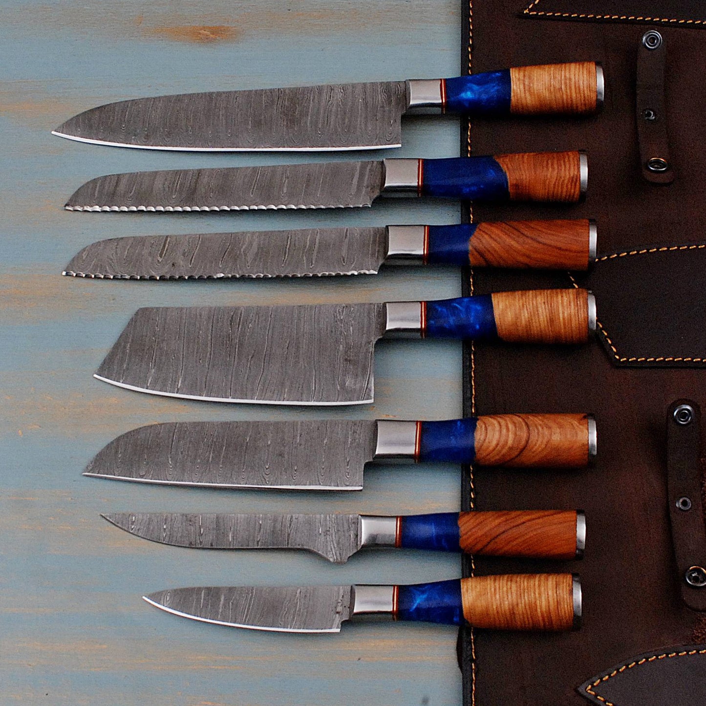 Butt Sons Cutlers 7-Piece Damascus Steel Chef Knife Set with Leather Roll – High HRC 50-55 Blades, Olive & Resin Handles – Professional Chef, Santoku, Bread, Cleaver, Utility, Paring & Meat Knives